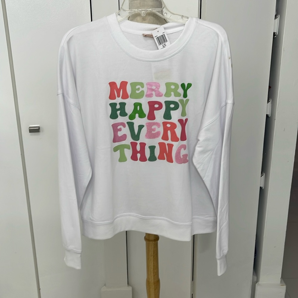 Philisophy White/Pink/Green "Merry Happy Everything" Long Sleeve Sweatshirt Top